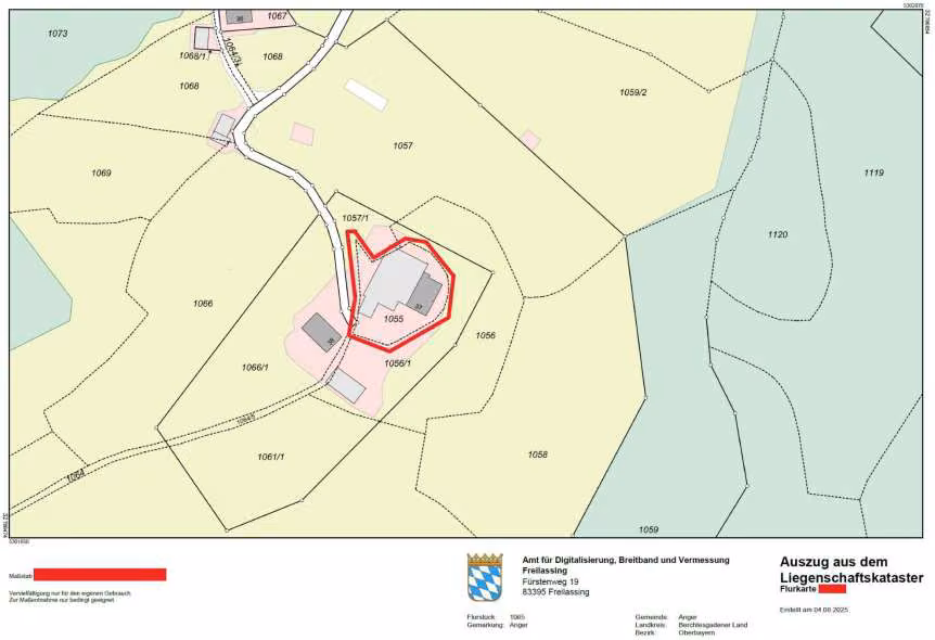 Zwangsversteigerung Stellplatz/Garage in Anger – Amtlicher Katasterauszug und Lageplan zu Fl.Nr. 1055.