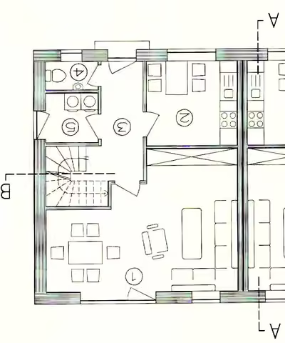 Zwangsversteigerung Eigentumswohnung in Berne, Campe – Grundriss des Erdgeschosses mit Wohnzimmer, Küche und Terrasse.