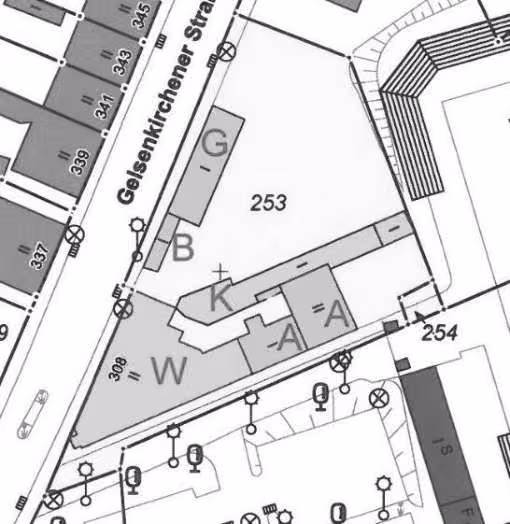 Zwangsversteigerung Wohn-/Geschäftshaus in Essen, Katernberg – Lageplan der Flurstücke 253 und 254 aus der Flurkarte.