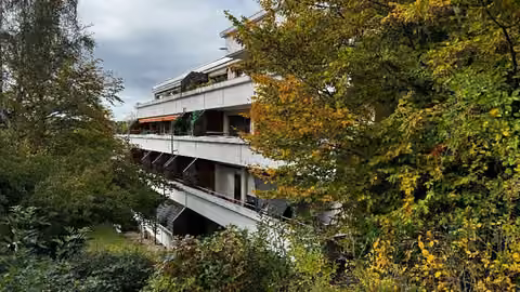 Zwangsversteigerung Eigentumswohnung in Höchberg, Hexenbruch – Ansicht von Westen mit Balkonen hinter Bäumen.