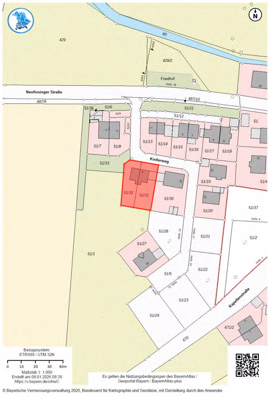 Zwangsversteigerung Einfamilienhaus in Finsing – Lageplan mit den Flurstücken 51/31 und 51/32 am Kistlerweg.