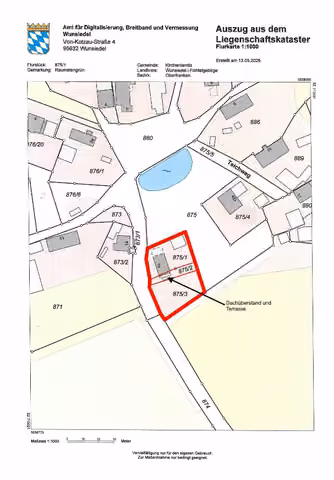 Zwangsversteigerung Einfamilienhaus in Kirchenlamitz, Hohenbuch – Amtlicher Katasterauszug mit Kennzeichnung der drei Flurstücke.