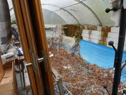 Zwangsversteigerung Einfamilienhaus in Erbach – Desolater Innenbereich der Schwimmhalle im Garten.