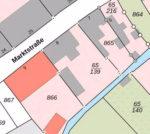 Zwangsversteigerung Wohn-/Geschäftshaus in Bad Lauchstädt, Schafstädt – Flurstückskarte mit rot markiertem Grundstück Flurstück 65/139.
