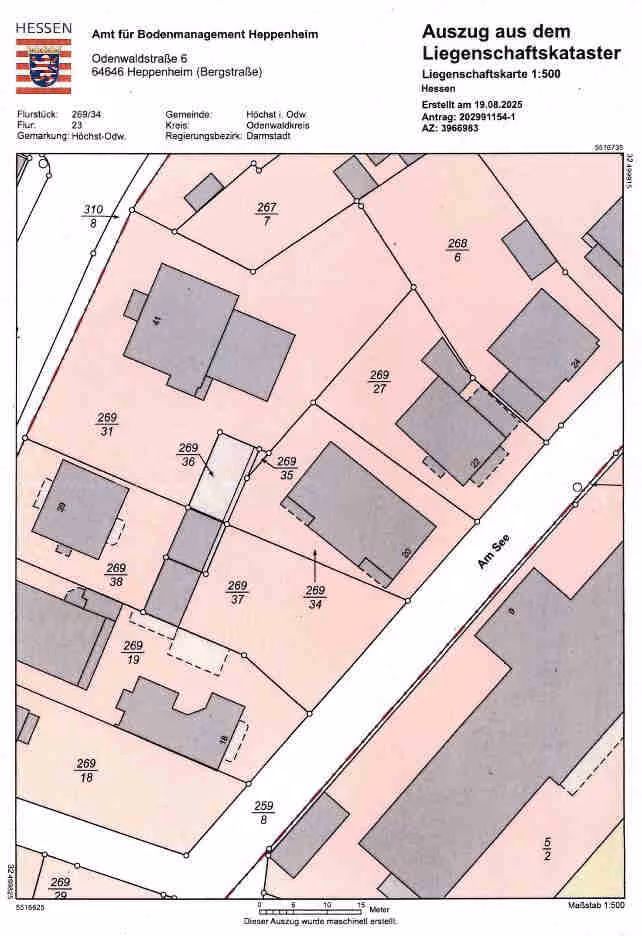 Zwangsversteigerung Mehrfamilienhaus in Höchst – Amtlicher Liegenschaftskataster-Auszug mit den Flurstücken 269/34 und 269/37.