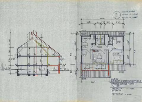 Zwangsversteigerung Mehrfamilienhaus in Bondorf – Genehmigter Grundriss Dachgeschoss und Gebäudeschnitt aus dem Jahr 1983