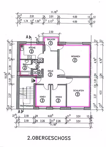 Zwangsversteigerung Eigentumswohnung in Düsseldorf, Unterrath – Grundriss der 4-Zimmer-Wohnung Nr. 2 im 2. Obergeschoss.