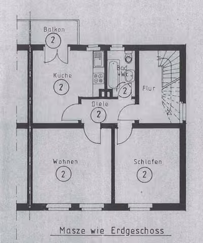Zwangsversteigerung Eigentumswohnung in Kamp-Lintfort, Lintfort – Grundriss des Obergeschosses mit gelber Markierung der Wohneinheit Nr. 2.