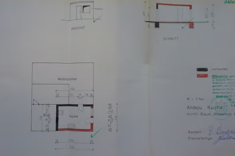 Zwangsversteigerung Doppelhaushälfte in Hürth, Gleuel – Bauzeichnung Anbau Küche und Wohnzimmer.