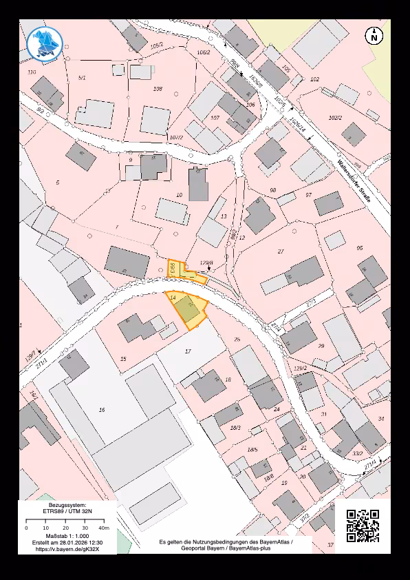 Zwangsversteigerung Zweifamilienhaus in Oberpöring – Flurkarte mit Lage der Flurstücke 14 und 99/3.