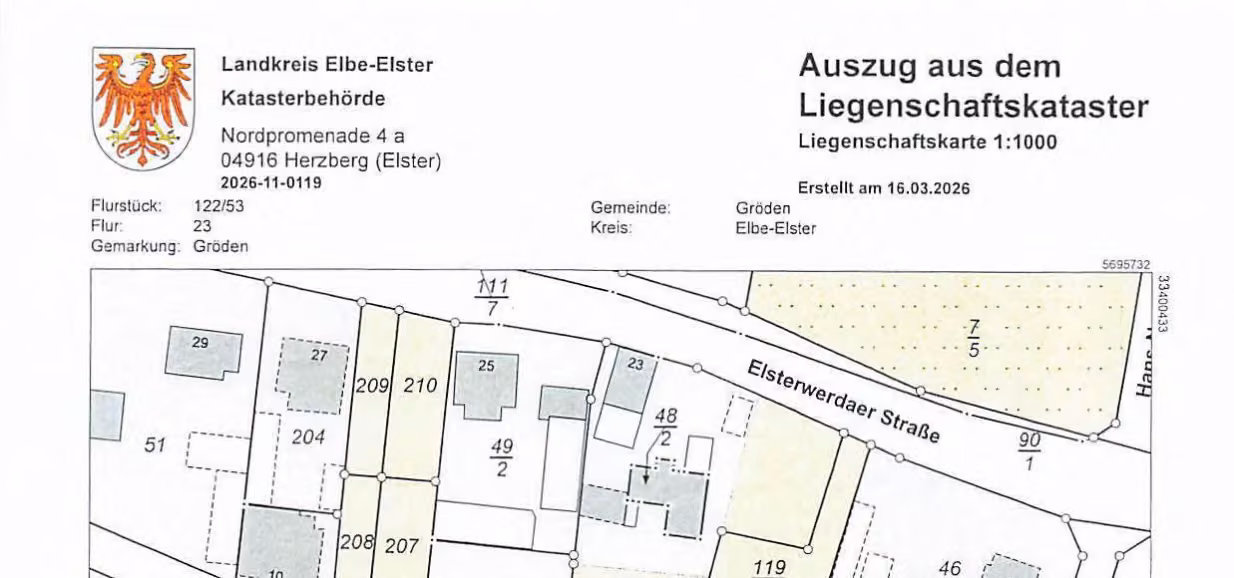 Zwangsversteigerung in Gröden – Amtlicher Auszug aus der Liegenschaftskarte Flurstück 122/53.