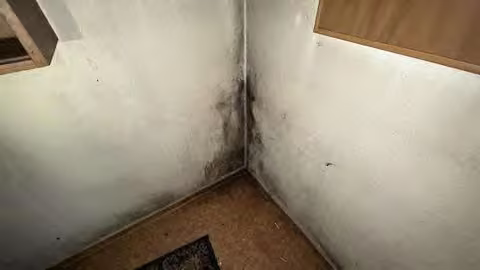 Zwangsversteigerung Zweifamilienhaus in Waldsolms, Hasselborn – Sichtbarer Schimmel- und Feuchtigkeitsbefall an den Innenwänden im Erdgeschoss.