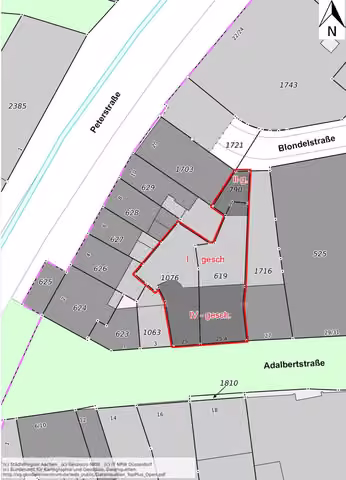 Zwangsversteigerung Büro in Aachen – Flurkarte und Katasterlageplan der drei zusammenhängend überbauten Flurstücke.