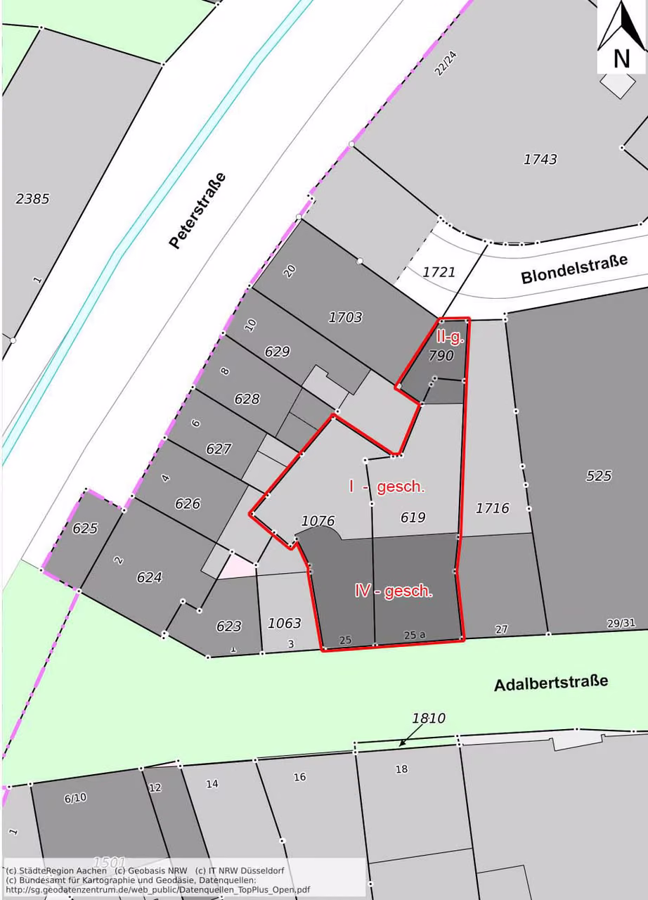 Zwangsversteigerung Büro in Aachen – Flurkarte und Katasterlageplan der drei zusammenhängend überbauten Flurstücke.