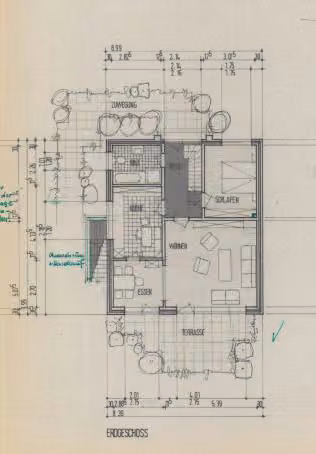 Zwangsversteigerung Einfamilienhaus in Goch, Pfalzdorf – Grundriss Erdgeschoss mit Wohnzimmer, Küche, Schlafzimmer und Terrasse.