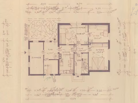 Zwangsversteigerung Einfamilienhaus in Osterholz-Scharmbeck – Historische Bauzeichnung des Erdgeschoss-Grundrisses.