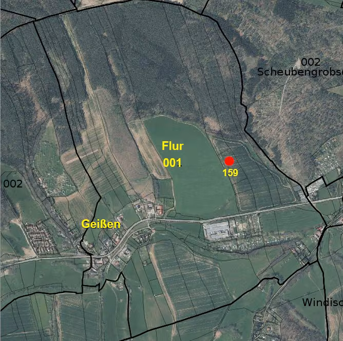 Zwangsversteigerung Landwirtschaft in Saara, Geißen – Katasterkarte und Luftbild mit Kennzeichnung des Flurstücks 159.