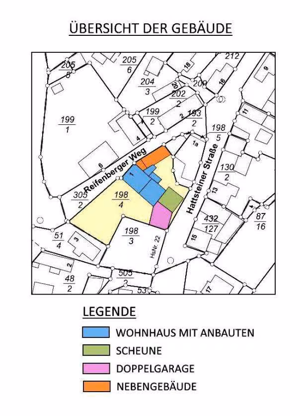 Zwangsversteigerung Einfamilienhaus in Schmitten, Arnoldshain – Farbige Gebäudeübersicht auf dem Flurstück 198/4.