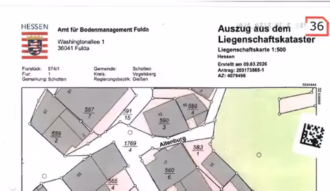 Zwangsversteigerung Einfamilienhaus in Schotten – Auszug aus der amtlichen Liegenschaftskarte mit Kennzeichnung der Flurstücke.