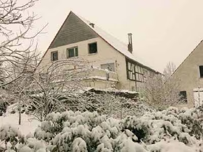 Zwangsversteigerung Zweifamilienhaus in Bad Driburg, Reelsen – Südseite mit Überdachung und dokumentierter starker Vermüllung im Hofbereich.