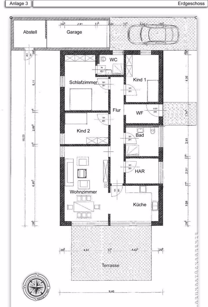 Zwangsversteigerung Einfamilienhaus in Löhne, Gohfeld – Grundrisszeichnung des Erdgeschosses mit Raumaufteilung und Garage.