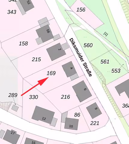 Zwangsversteigerung Einfamilienhaus in Finnentrop, Bamenohl – Auszug aus der amtlichen Liegenschaftskarte mit Flurstück 169.