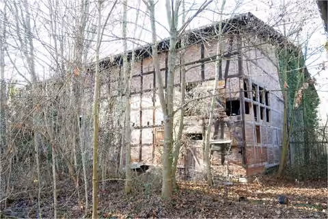 Zwangsversteigerung in Sömmerda, Schillingstedt – Ostansicht der Fachwerkscheune im zugewachsenen Grundstücksbereich.