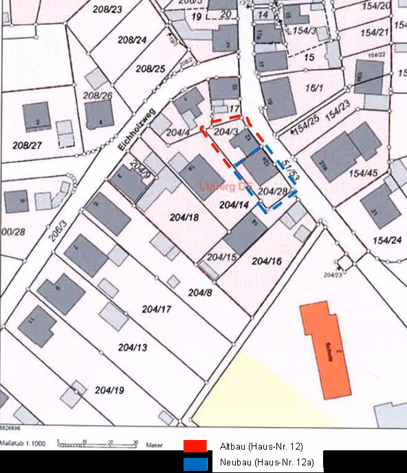 Zwangsversteigerung Einfamilienhaus in Lisberg – Flurkarte mit Kennzeichnung der Flurstücke 204/3 und 204/28.