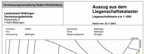 Zwangsversteigerung Landwirtschaft in Böblingen – Auszug aus dem Liegenschaftskataster mit Flurstück 5320/1.
