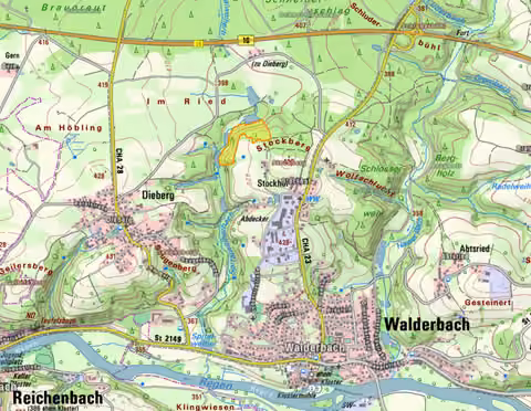 Zwangsversteigerung Landwirtschaft in Reichenbach, Stockberg – Topographische Karte mit rot umrandetem Grundstück