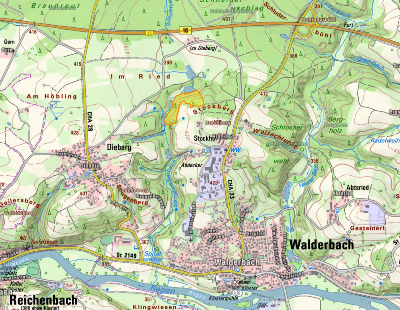 Zwangsversteigerung Landwirtschaft in Reichenbach, Stockberg – Topographische Karte mit rot umrandetem Grundstück