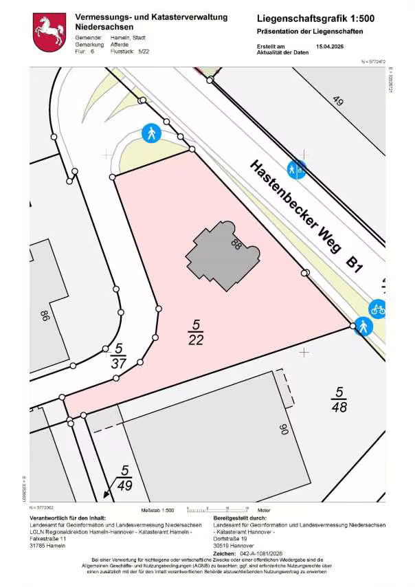 Zwangsversteigerung Einfamilienhaus in Hameln, Afferde – Auszug aus der amtlichen Liegenschaftskarte Flurstück 5/22.