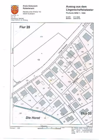 Zwangsversteigerung Einfamilienhaus in Rietberg, Neuenkirchen – Flurkarte mit Kennzeichnung von Flurstück 18 am Langen Schemm und Habichtsweg.