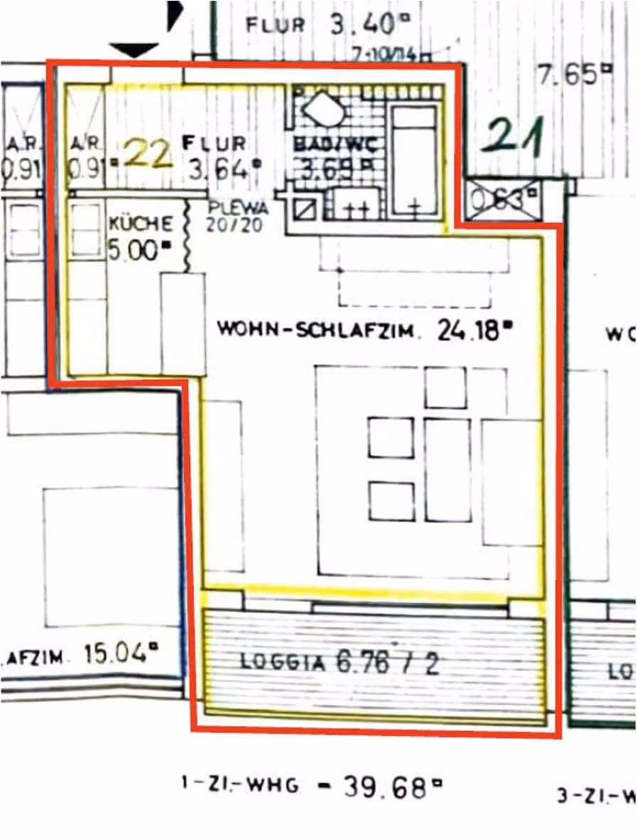Zwangsversteigerung Eigentumswohnung in Nürnberg, Erlenstegen – Detaillierter Grundriss der 1-Zimmer-Wohnung Nr. 22 samt Loggia.