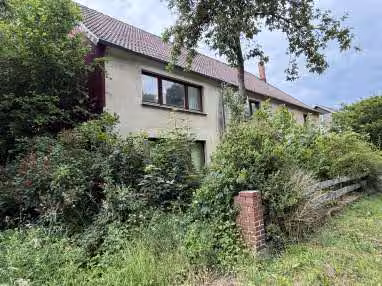 Zwangsversteigerung Zweifamilienhaus in Extertal, Almena – Südansicht des Wohnhauses mit Vorgartenbereich.