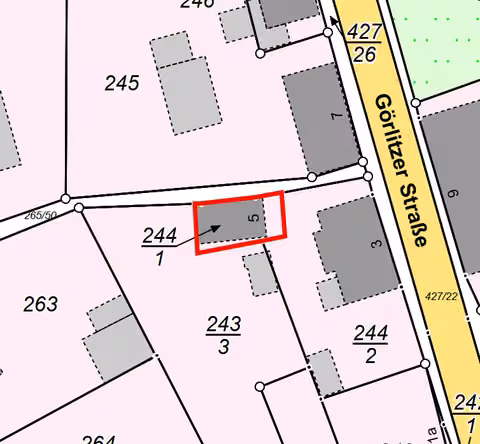 Zwangsversteigerung Einfamilienhaus in Zittau, Hirschfelde – Ausschnitt aus der Flurkarte mit Markierung des Flurstücks 244/1.
