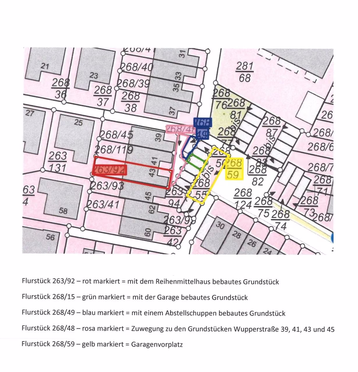 Zwangsversteigerung Reihenhaus in Stuhr – Vergrößerter Lageplanausschnitt mit farbiger Kennzeichnung von Haus, Garage und Anteilen.