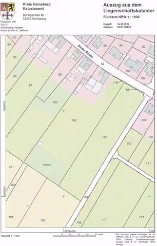 Zwangsversteigerung Einfamilienhaus in Selfkant, Höngen – Auszug aus dem Liegenschaftskataster mit Darstellung der Flurstücke 179 und 180.