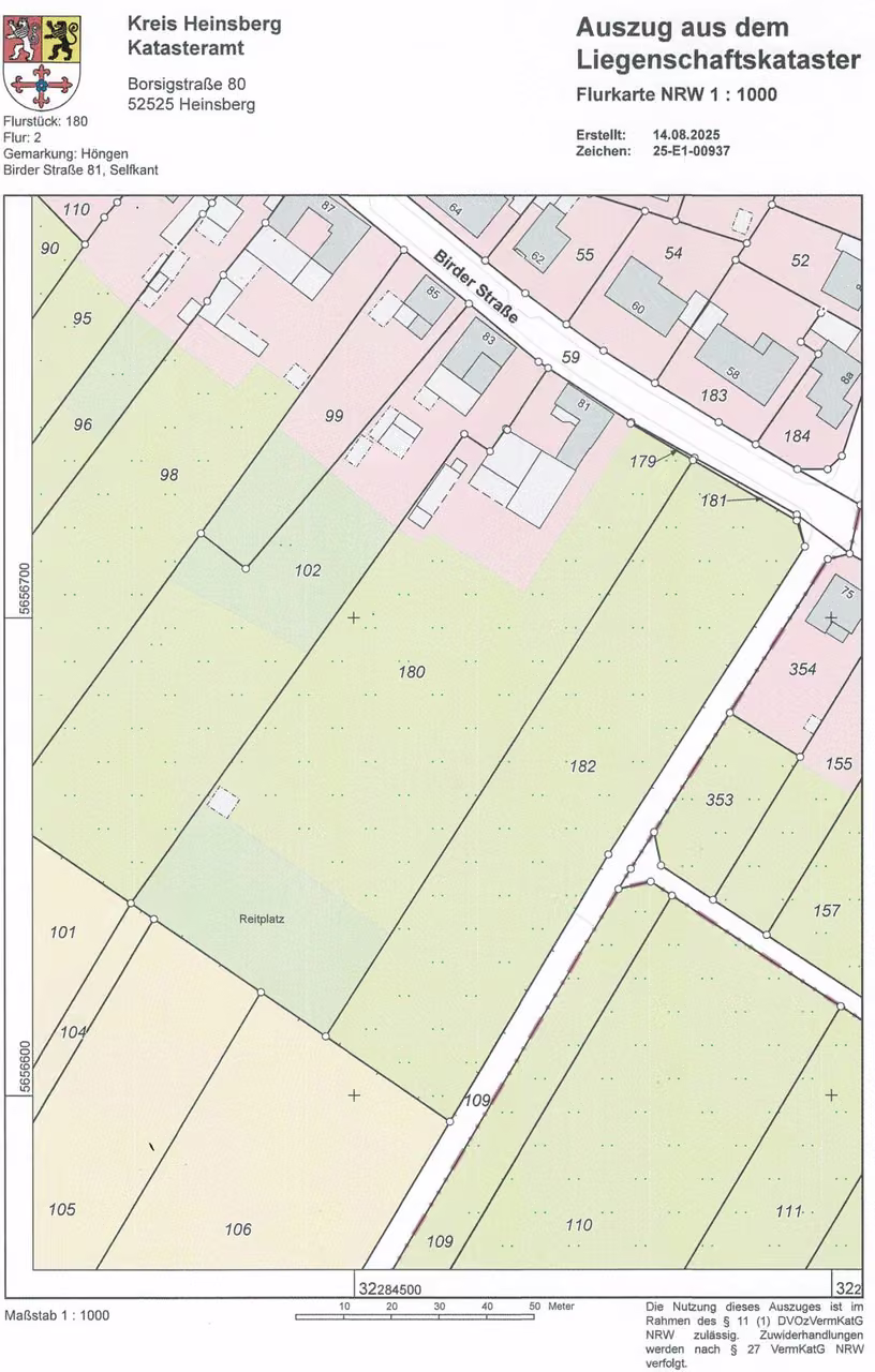Zwangsversteigerung Einfamilienhaus in Selfkant, Höngen – Auszug aus dem Liegenschaftskataster mit Darstellung der Flurstücke 179 und 180.
