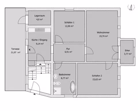 Zwangsversteigerung Einfamilienhaus in Bad Oeynhausen, Kernstadtbereich – Grundriss Erdgeschoss mit Raumaufteilung und Erläuterung der vorgenommenen Umbauten.