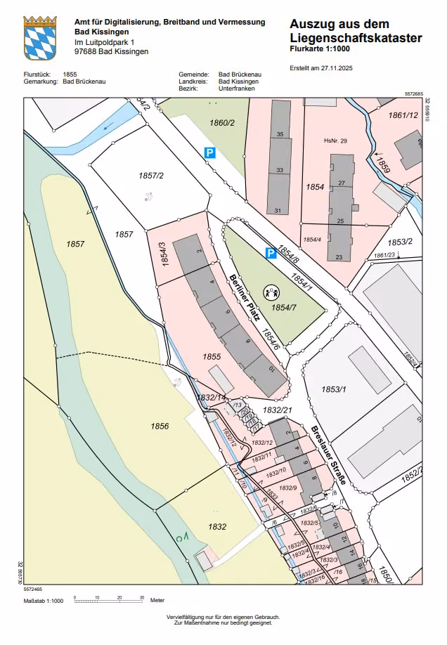 Zwangsversteigerung Eigentumswohnung in Bad Brückenau – Katasterauszug und Lageplan der Flurstücke am Berliner Platz.