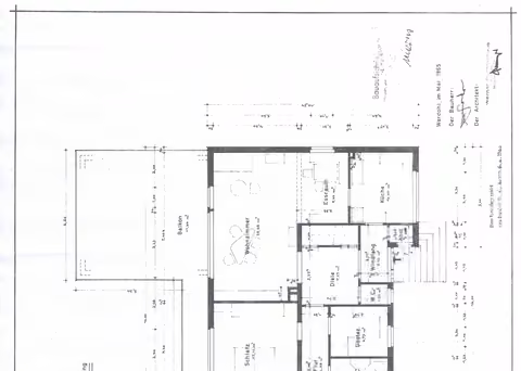 Zwangsversteigerung Einfamilienhaus in Werdohl, Kettling – Grundrisszeichnung des Erdgeschosses mit Aufteilung der Wohnräume laut Bauakte.