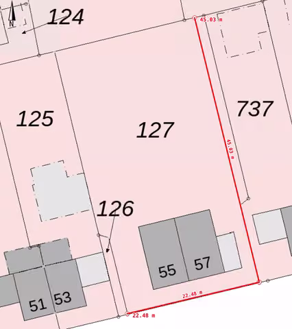 Zwangsversteigerung Doppelhaushälfte in Recklinghausen, Suderwich – Katasterplan und Flurstückszuschnitt mit Bemaßung der Ehlingstraße 55 / 57.