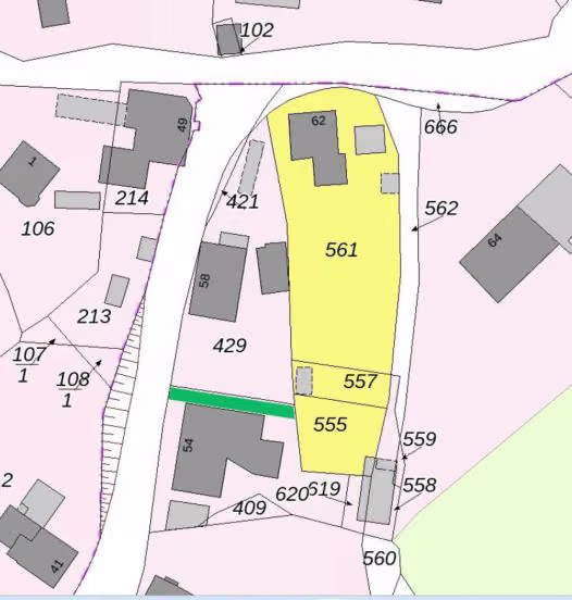 Zwangsversteigerung Einfamilienhaus in Gevelsberg, Asbeck – Flurkartenausschnitt mit den drei Bewertungsobjekt-Flurstücken 555, 557 und 561