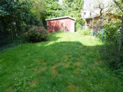 Zwangsversteigerung Reihenhaus in München, Untergiesing-Harlaching – Garten auf der Nordwestseite mit Rasenfläche und Gehölzen.