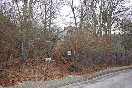 Zwangsversteigerung Einfamilienhaus in Bielefeld, Hoberge-Uerentrup – Blick auf das Wohnhaus durch den bewaldeten Grundstücksbereich.