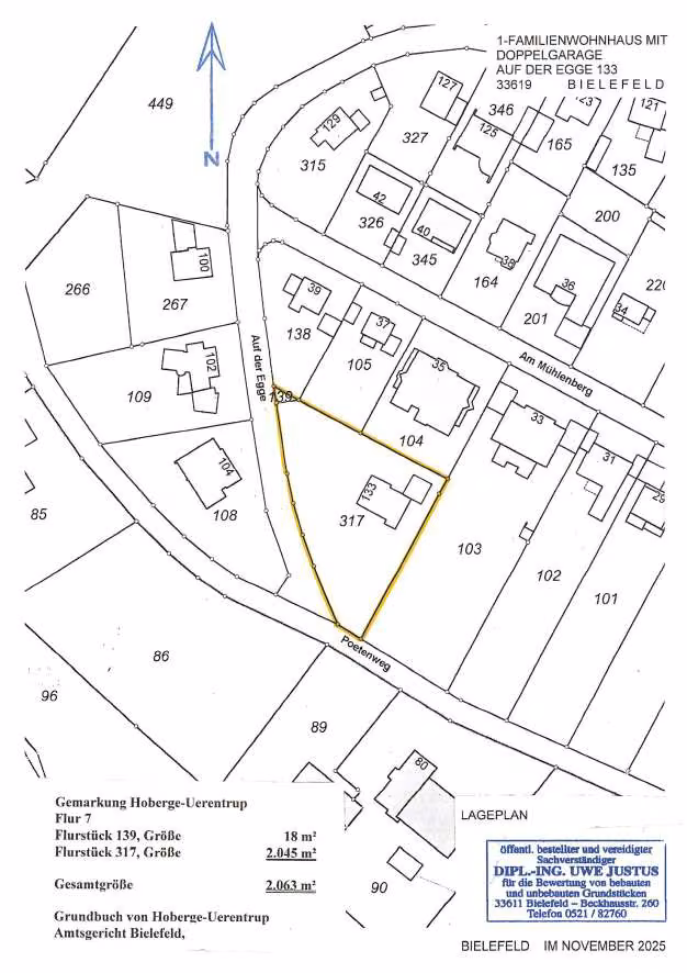 Zwangsversteigerung Einfamilienhaus in Bielefeld, Hoberge-Uerentrup – Amtlicher Katasterlageplan mit den Flurstücken 139 und 317.
