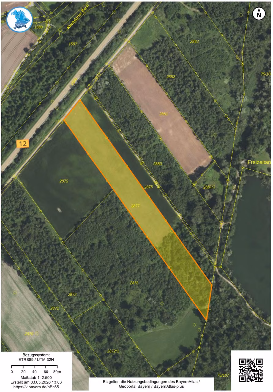 Zwangsversteigerung Landwirtschaft in Kirchdorf am Inn – Luftbild und Flurkarte mit Markierung von Flurstück 2877.