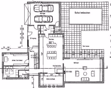 Zwangsversteigerung Einfamilienhaus in Dortmund, Innenstadt Ost – Bauantragsgrundrisse des Erdgeschosses mit Schwimmbecken und des Obergeschosses.