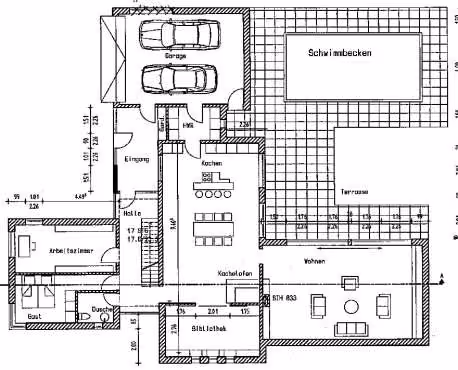 Zwangsversteigerung Einfamilienhaus in Dortmund, Innenstadt Ost – Bauantragsgrundrisse des Erdgeschosses mit Schwimmbecken und des Obergeschosses.